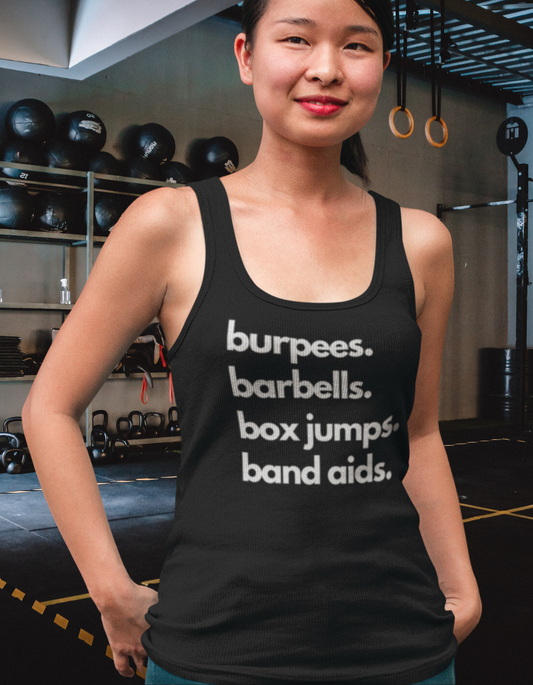 Burpees Barbells Box Jumps Bandaids - Unisex Jersey Tank