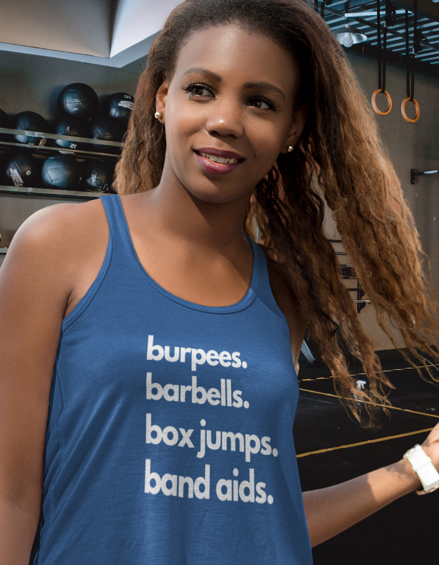 Burpees Barbells Box Jumps Bandaids - Women's Racerback Tank